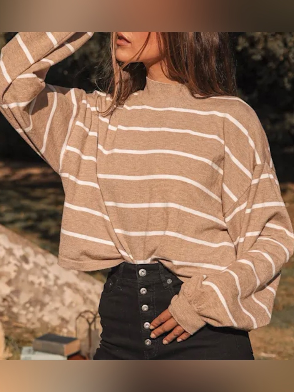 Lulus Striped Mock Neck Crop Sweater Camel White Balloon Sleeve Size S NWT